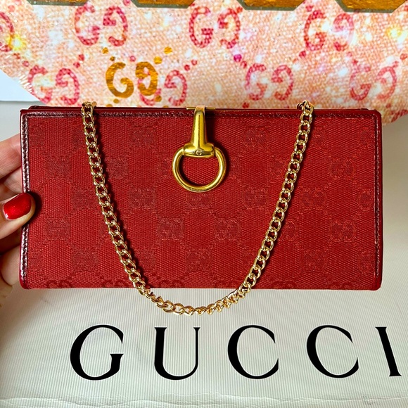 Gucci Handbags - GUCCI GG Red Monogram Canvas and Leather Long Wallet with Chain